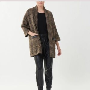 Plaid  sweater Joseph ribkoff brown black camel cover up 223942x 3/4 sleeve